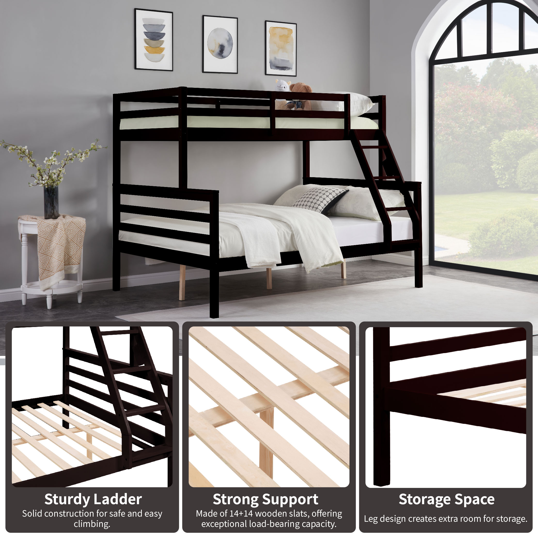 Twin over Full Bunk Bed with Ladder,Wooden Bunk Bed with High Guardrail and Ladder for Kids, Teens, Dorm Rooms, and Guest Rooms,No Box Spring Needed,Espresso Twin over Full Bunk Bed with Ladder,Wooden Bunk Bed with High Guardrail and Ladder for Kids, Teens, Dorm Rooms, and Guest Rooms,No Box Spring Needed,Espresso